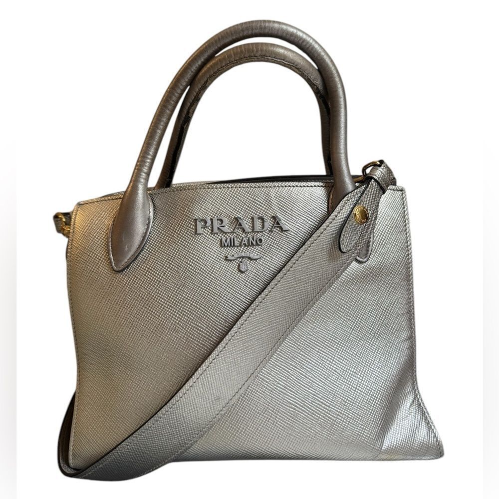 Auth Prada Small Double Cromo Saffiano Cuir City Calf Monochrome Top Handle Bag